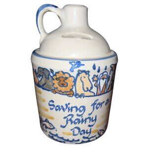 Vintage Louisville Stoneware Jug Bank W/ Handle "Saving For A Rainy Day" Ceramic